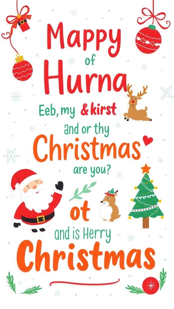 A humorous Christmas card with Santa and funny quotes, surrounded by festive decorations.